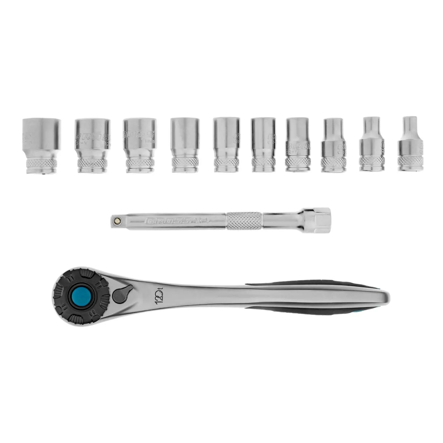 Набор торцевых головок, трещотка 120 зубьев, 1/4", CrV, 12 предметов Gross купить