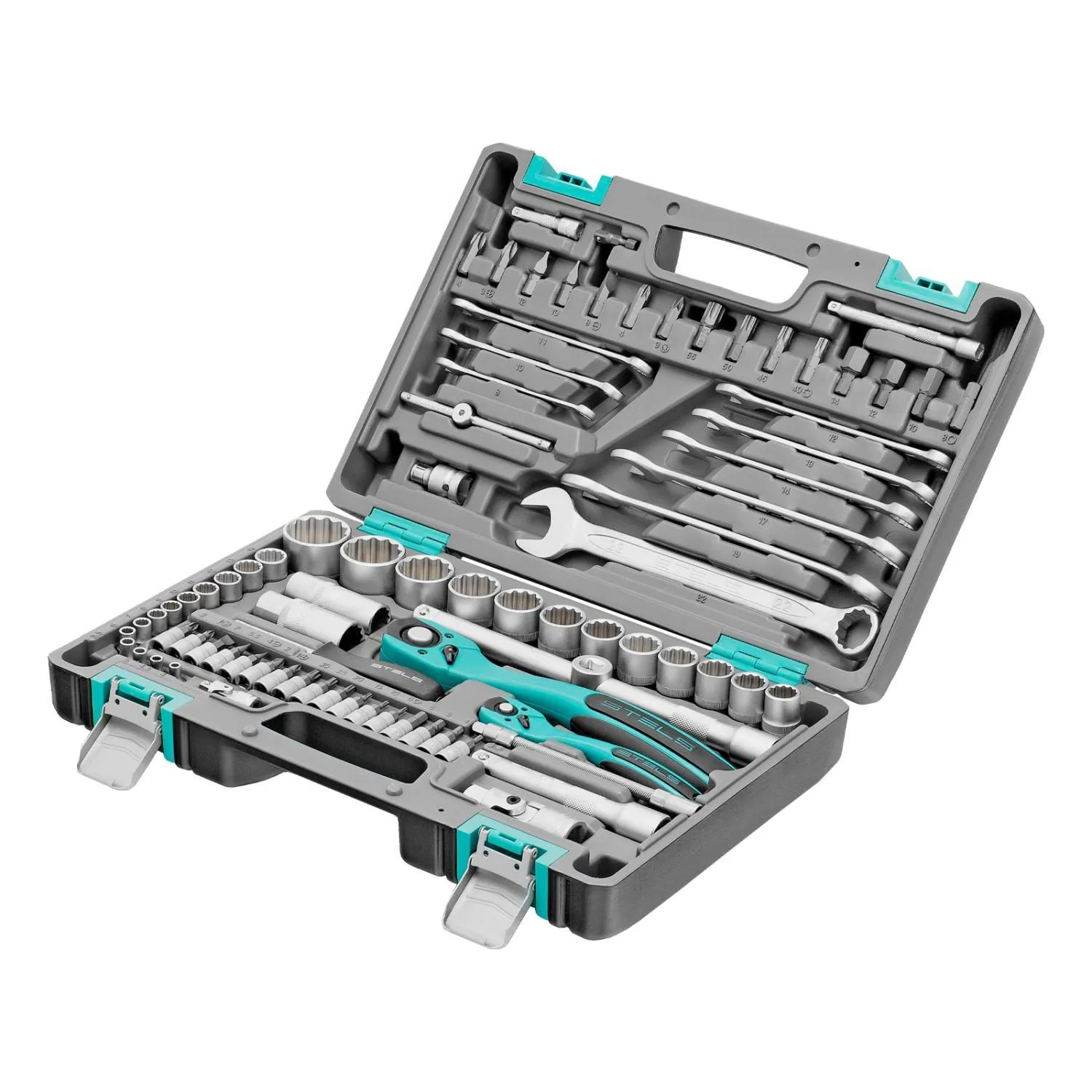 Набор инструментов 1/2", 1/4", CrV, 12 гранные головки, пластиковый кейс, 82 предмета Stels купить