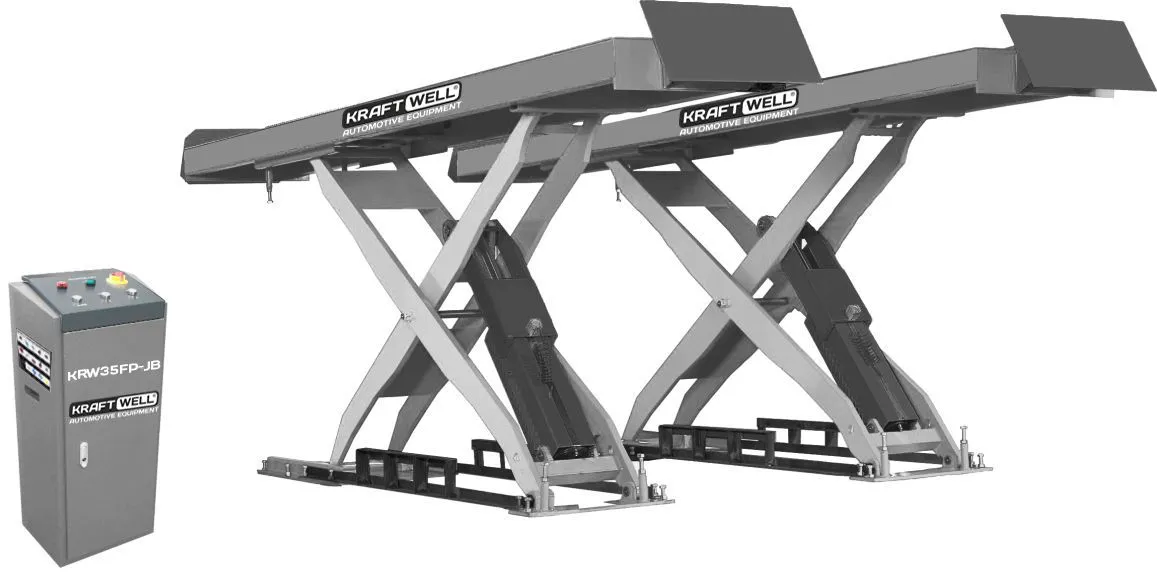 Электрогидравлический подъемник KraftWell KRW35FP-JB Подъемник ножничный г/п 3500 кг. заглубляемый, платформы гладкие